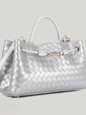Silver Woven Leather Tote Handbag